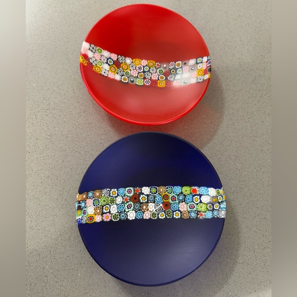 Vibrant Red and Cobalt Blue Set of 2 Small glass with millefiori ring dish - Picture 1 of 9